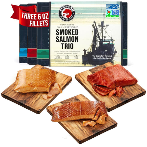 SeaBear Smoked Salmon Trio 18oz (3 x 6oz) Fillets Gift Box Wild
