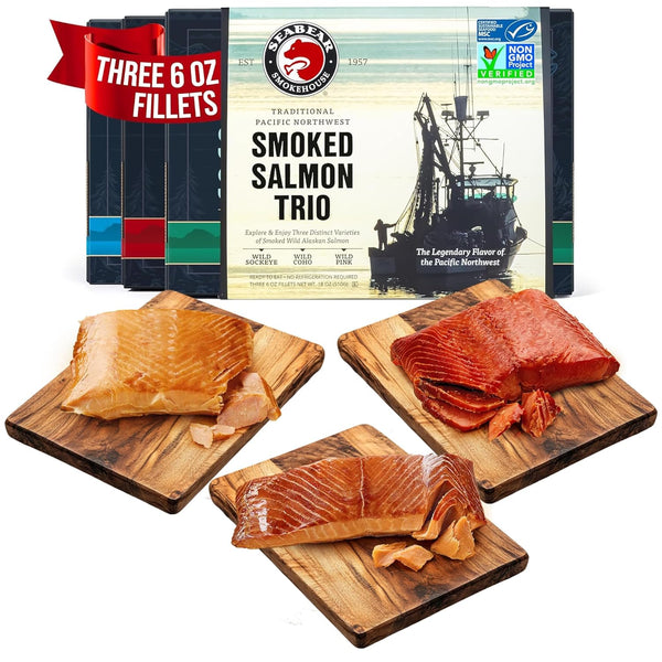 SeaBear Smoked Salmon Trio 18oz (3 x 6oz) Fillets Gift Box Wild