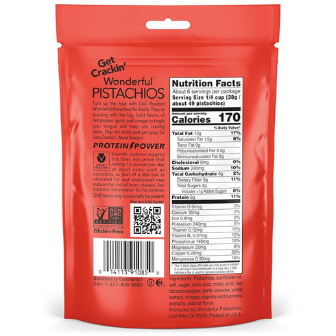 5.5 Wonderful Pistachios No Shells, Chili Roasted Nuts, Ounce Resealable Bag, Protein Snacks, Gluten Free Travel