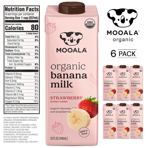 32 oz (Pack 6) Mooala Organic Strawberry Bananamilk, fl of Shelf-Stable, Non-Dairy, Nut-Free, Gluten-Free, Plant-Based