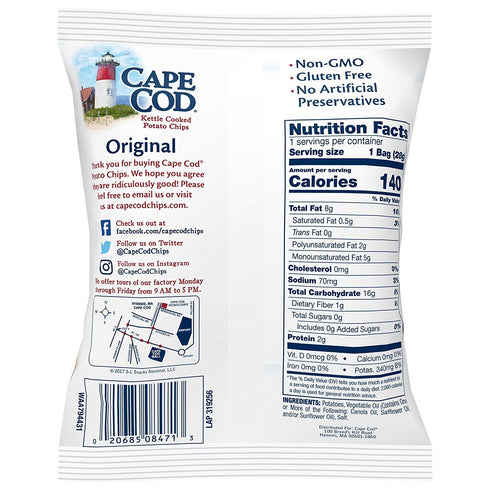Cape Cod Chips 1oz (Pack 24, 24 Oz) Cape Cod Original Kettle Cooked Potato Chips, Gluten-Free Bag of Total