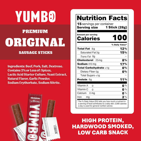 Summer 1 oz 15 Count Pack YUMBO Original Mini Sausage Sticks, High Protein Snacks, Gluten-Free, Low Carb, Keto