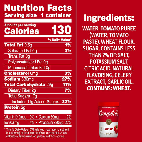 11.1 Oz 8) Campbell's Sipping Soup, Classic Tomato Soup, Microwavable Cup (Case