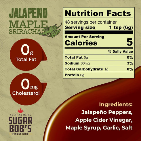 Sugar Bob’s Finest Kind Jalapeno Maple Sriracha Hot Sauce, 9.6 oz Garlic Sriracha Sauce with Fresh Jalapeno