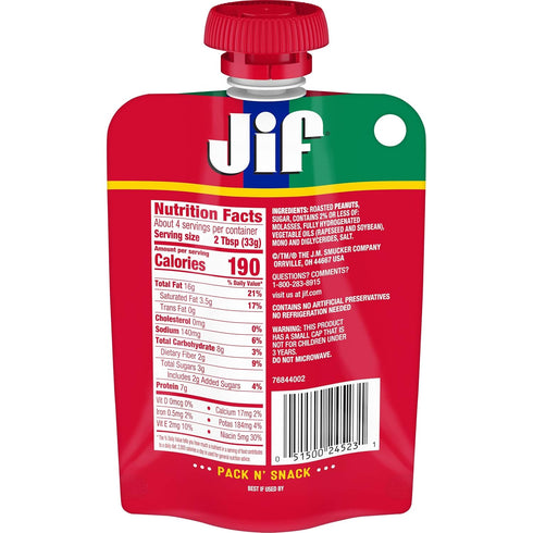 5 oz. 6 count Jif Portable Squeeze Creamy Peanut Butter, Resealable Pouch