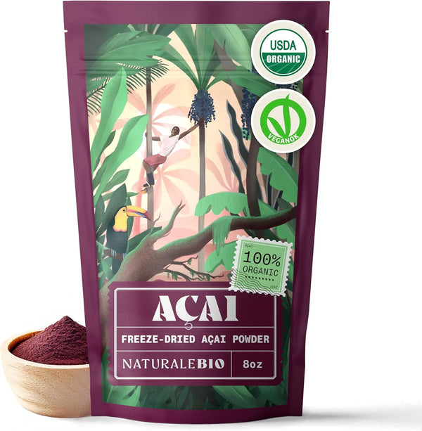 NaturaleBio Organic Acai Powder - 8oz Freeze Dried Acai Berry Powder (Freeze