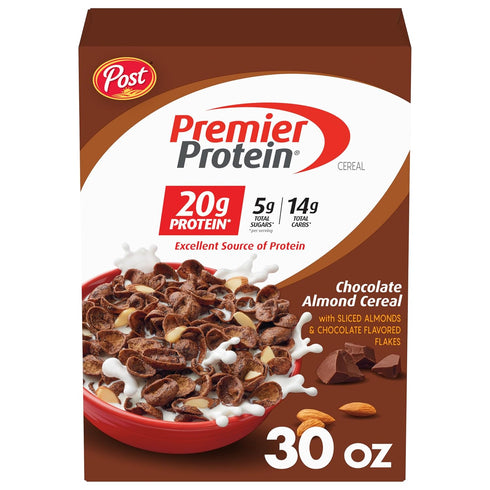 Post Premier Protein Chocolate Almond Cereal, Chocolatey Protein Cereal Flakes with Sliced