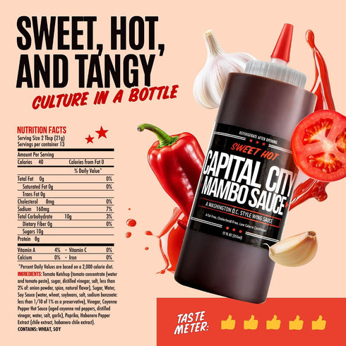 12oz Capital City Mambo Sauce Sweet Hot, Washington DC Wing Sauces, Perfect Condiment for Wings Chicken Pork Beef