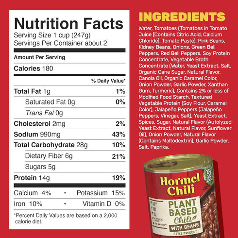 (Pack 12), 14 oz, 22g HORMEL Chili Plant-Based Chili With Beans of Protein per Serving, Gluten-Free, Egg-Free