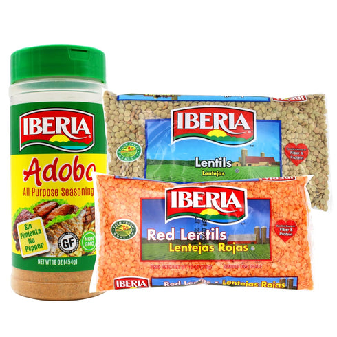 Iberia Lentils Variety Pack and Adobo: Dry Lentils 12 oz, Red Lentils 12