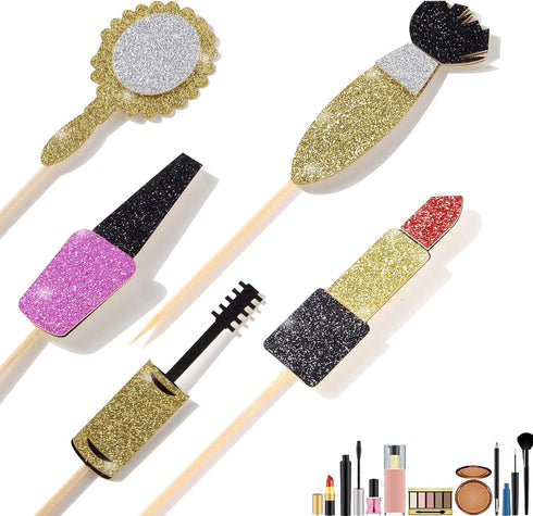 Spa Makeup Cupcake Toppers Decoration Supplies, 24Pcs Gold Glitter for Bridal Shower, Bachelorette, and 18th Birthday
