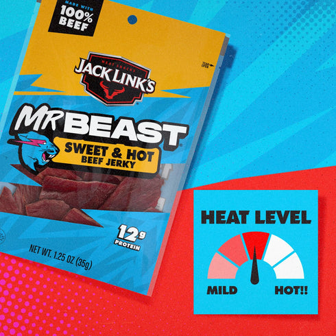 (10 Pack) 1.25 oz 12g 100% Jack Link's x MrBeast Sweet & Hot Beef Jerky - Bag - Ready to Eat Protein Snacks - Protein
