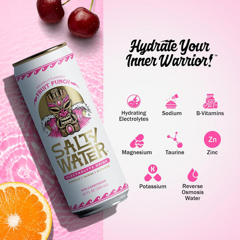 10 12 Pack (12 oz) SaltyWater Electrolyte Drink, Fruit Punch Zero Sugar Premium Hydration Drink, Calories, Minerals