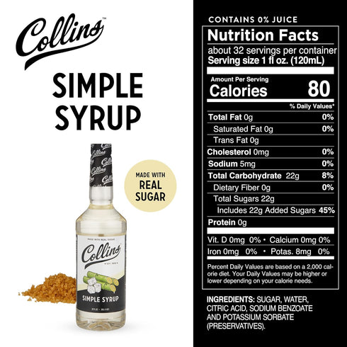 32 Set 1 Collins Simple Syrup, Classic Simple Syrup, Real Sugar Cocktail Syrups, Soda Water Flavors, Cocktail Mixers