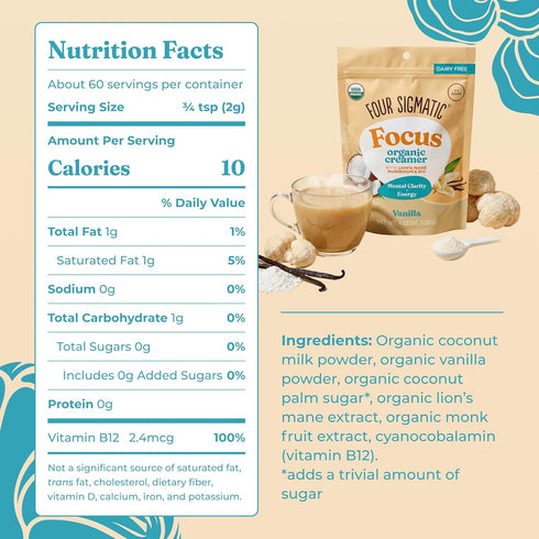 B12 4.23 oz Four Sigmatic Focus Vanilla Coffee Creamer | Organic Non Dairy Coffee Creamer with Lions Mane and Vitamin |