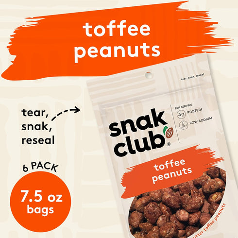 7.5 oz 6 Pack Snak Club Toffee Peanuts, Candied Peanuts with Praline Coat and Sweet Cream, Gluten-Free and Kosher