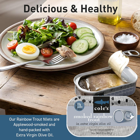 3.2oz Hand-Packed Pack 10 COLES - Smoked Trout Fillet with Extra Virgin Olive Oil | Canned Fish | High in Protein