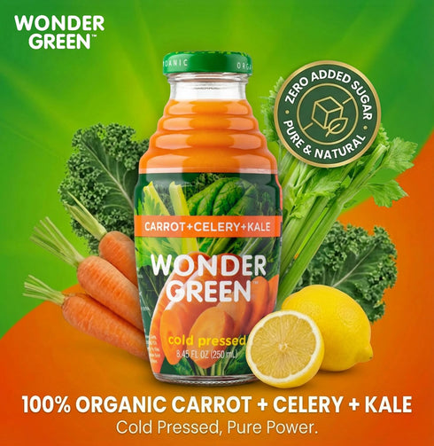 Wonder Green 100% 8.45 oz (6 Pack) Organic Carrot, Celery & Kale Cold Pressed Juice, | Vegetable Juice Blend, All