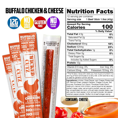 12g (12 Pack) Buffalo Chicken Sticks, Protein Per Chicken Stick, Tender & Juicy Meat Sticks with Real Pepper Jack