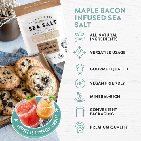 80+ (3 oz. FLORIDA PURE Maple Bacon Sea Salt - Smoky, Mineral Salt, Natural, Unrefined, Non Iodized - for Baking