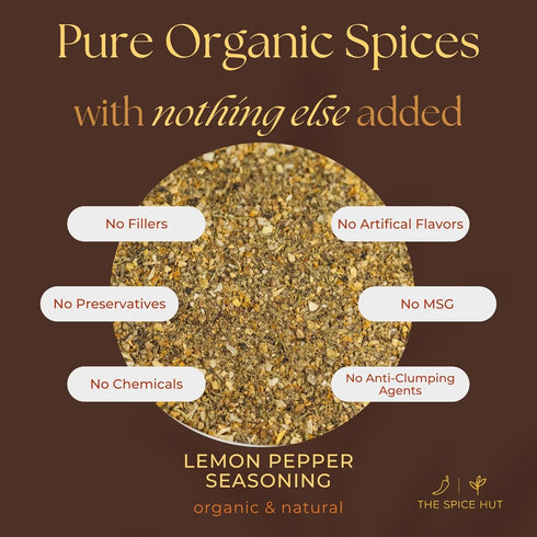 Spice Hut Organic Lemon Pepper Seasoning, Salt-Free, Garlic Blend for Chicken, All-Purpose Dry Rub, 2oz Pack