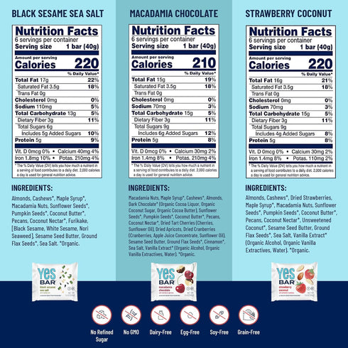 Pack 6 Count YES Nut Bars - Six Flavor Variety - Soft Chewy Healthy Snack Bars Made with Organic Maple Syrup Vegan