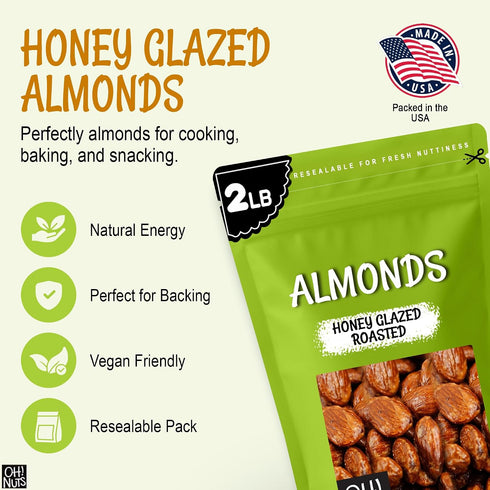 2 lb Packed Oh! Nuts Honey Glazed Roasted Almonds - - High-Protein Whole Almonds - in New York Zip-Seal Bag