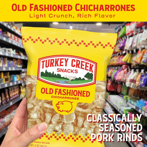 2oz (Pack 12) Turkey Creek Old Fashioned Chicharrones, Fried Pork Rinds - Original Flavored Pork Skins - Low Carb