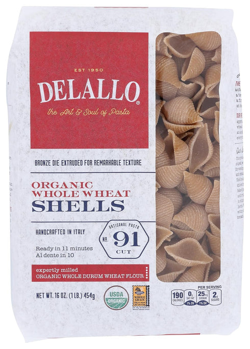 Delallo Organic Whole Wheat Shells Pasta, No. 91, Kosher, Non GMO, 16