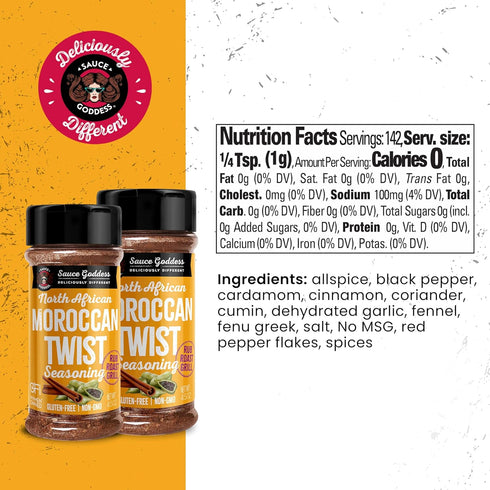 4.5oz (2-Pack) Sauce Goddess - Moroccan Twist Spice Shaker - Exotic Blend with Cardamom & Cinnamon, No Sugar