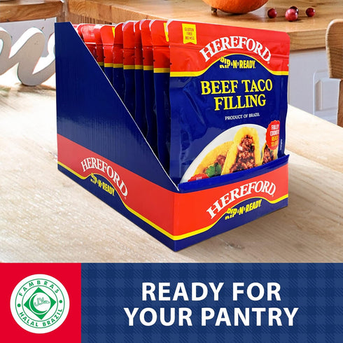 10g 6oz 12) Hereford Beef Taco Filling | Shelf Stable | Halal | Fully Cooked | Ready-to-Eat | of Protein per Serving |