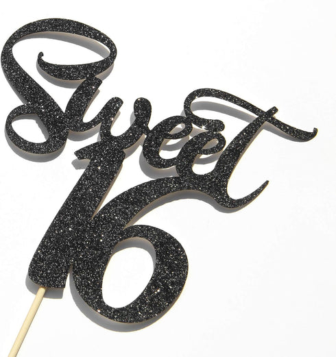 Black Glitter Sweet 16 Cake Topper, Happy 16th Birthday Decor, Cheers to 16 Years, 16th Wedding Anniversary Supplies