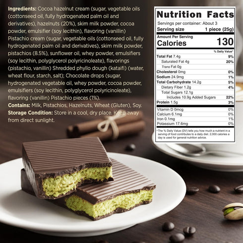2.3 oz (65g) Ceres Gourmet Dubai Dark Chocolate Bar with Pistachio Cream and Kataifi, Gourmet Bitter Chocolate Candy