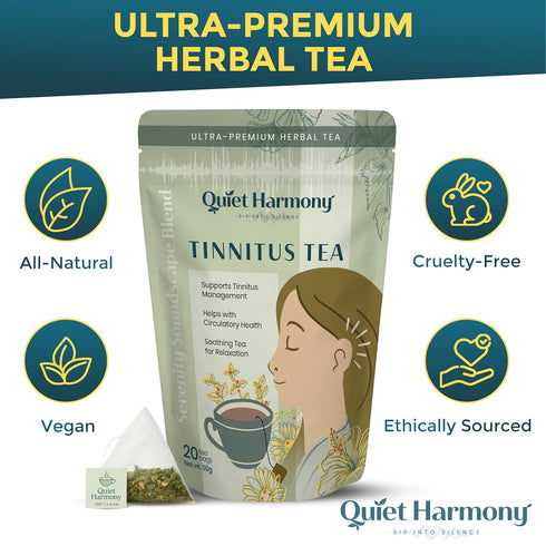 Quiet Harmony 20 Tinnitus Tea Herbal Support for Ringing Ears, Circulation & Calm | Ultra-Premium Caffeine-Free Tea