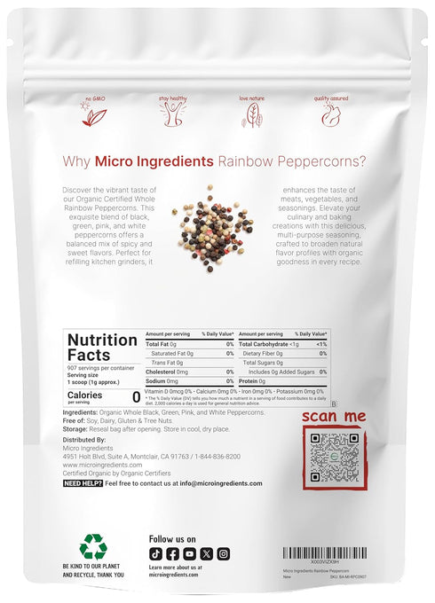 2lbs Micro Ingredients Organic Whole Rainbow Peppercorns, | Premium Whole Peppercorns for Grinder Refill | Great
