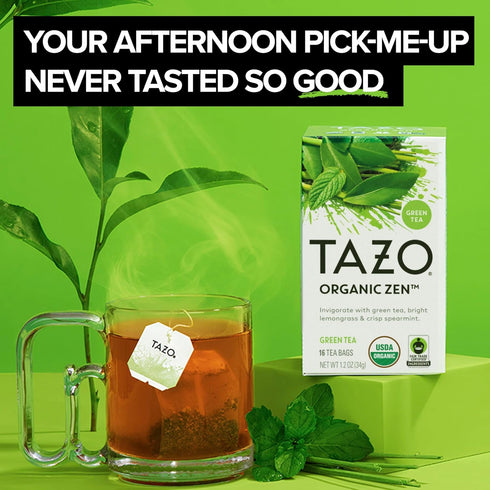 96 (16ct Pack 12) TAZO Organic Zen Green Tea Bags, Caffeine Free Tea with Refreshing Lemongrass & Spearmint, Total Tea
