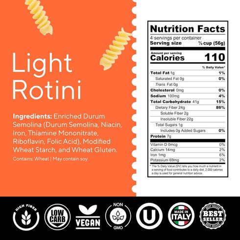 56% 110 1 Pack Fiber Gourmet Light Rotini Keto Pasta - Low Net Carb Pasta with High Fiber, Fewer Net Carbs, Calories