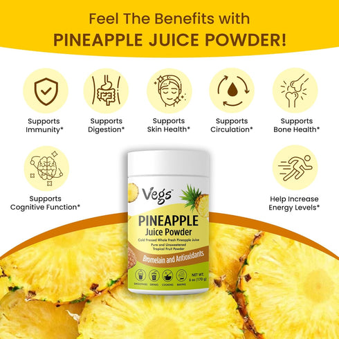 6 oz Vegs Pineapple Juice Powder - Freeze Dried Organic Pineapple Powder with Bromelain & Antioxidants - Sugar-Free