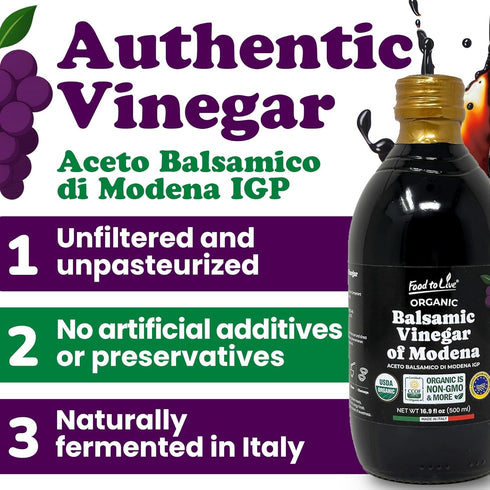 500 ml (Pack 3) Food To Live Organic Balsamic Vinegar of Modena, Italian, Unfiltered, Unpasteurized, Aceto Balsamico di