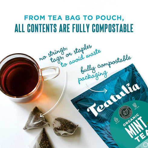 Teatulia Organic Mint Tea Bags - 50 Pyramid Sachet Teabags, Whole Leaf Mint Tea, Caffeine-Free