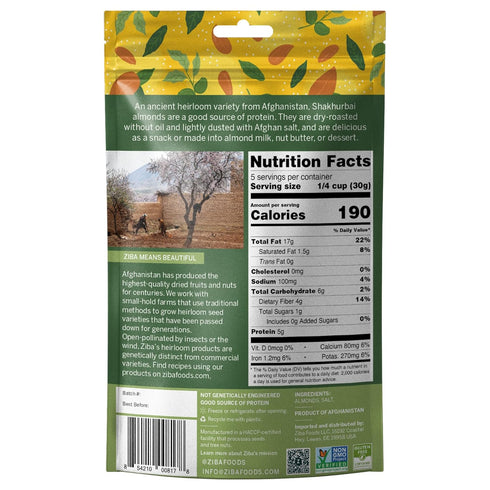 Ziba Foods Heirloom Shakhurbai Almonds, Dry Roasted & Salted, Non-GMO, Vegan, Gluten Free Snack, 5.3 oz