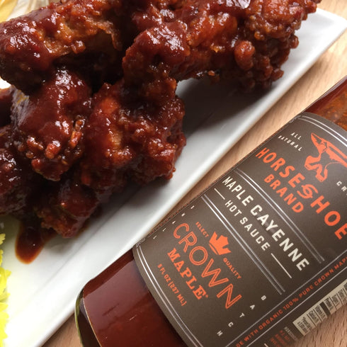 8oz Horseshoe Brand Maple Cayenne Hot Sauce made with Crown Maple Syrup, Bottle Artisan Cooking Sauce