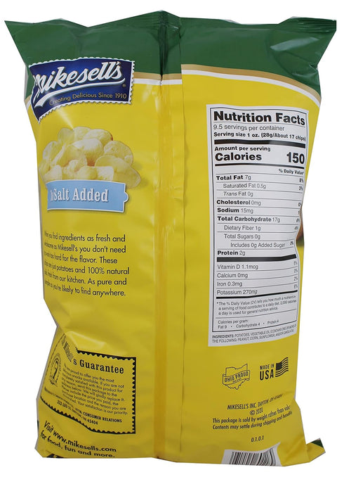 Mikesells 9.5 Oz No Salt Potato Chips Bag