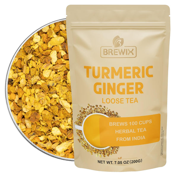 BREWIX Turmeric Ginger Loose Herbal Tea, 100+ Cups, 7.05oz/200g, Naturally Caffeine Free, Real Ingredients from India