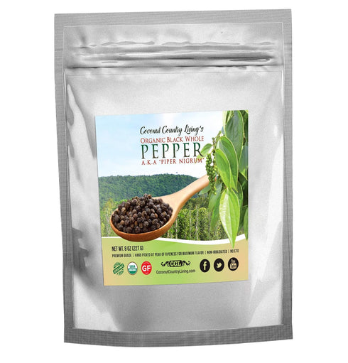 Coconut Country Living Organic Whole Black Peppercorns, Fair Trade Premium Grinder Refill, 8 oz