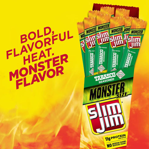 1.94 oz. (18 Count) Slim Jim Monster Smoked Meat Sticks, Tabasco Flavor, High Protein
