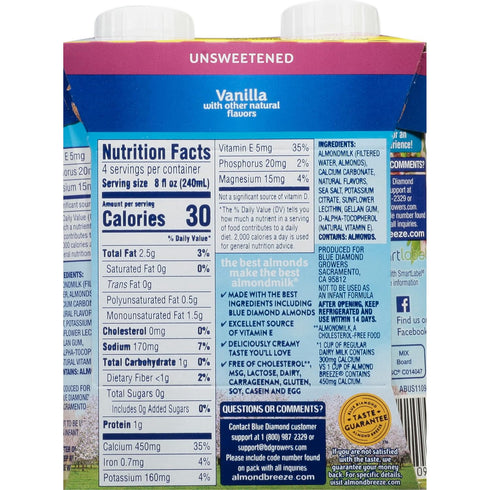 8 Pack 4 Almond Breeze, Dairy Free Almondmilk, Unsweetened Vanilla, Ounce