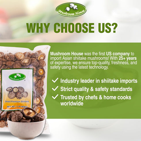 16 oz Amazon Title: Mushroom House Dried Shiitake Premium Mushrooms, Whole, - Naturally Dried, Rich Umami Flavor