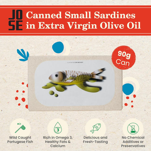 3, 90g Canned Small Sardines in Extra Virgin Olive Oil by Jose Gourmet, Wild Caught Portuguese Sardines, Canned Fish