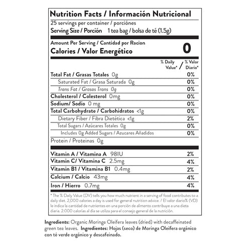 Miracle Tree Organic Moringa Superfood Tea, 25 Individually Sealed Tea Bags, Green Tea, Vegan